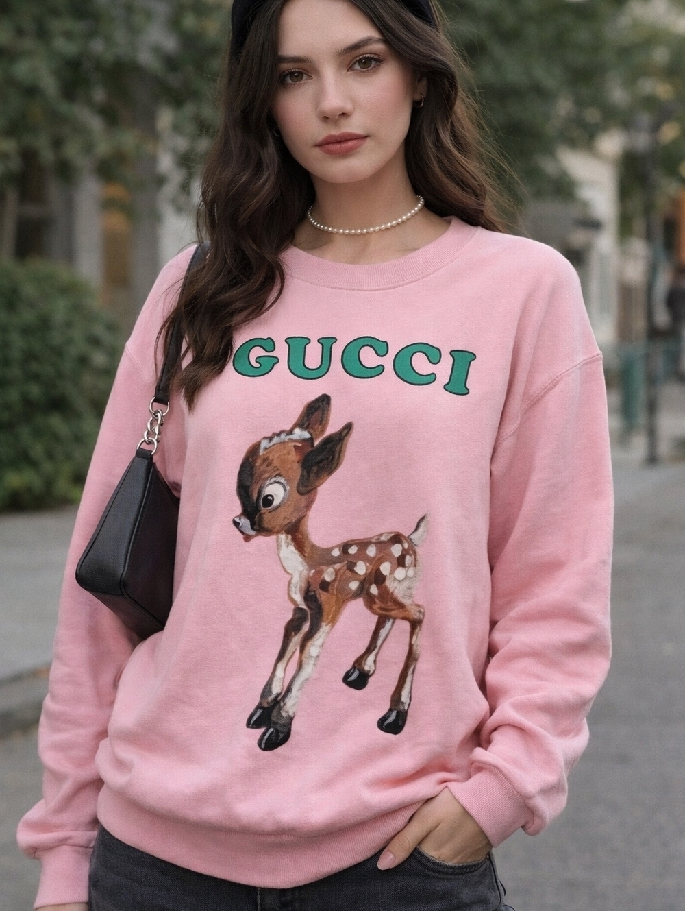Gucci Pink Bambi Fawn Floral Graphic Sweatshirt Designer Women’s M Made in Italy